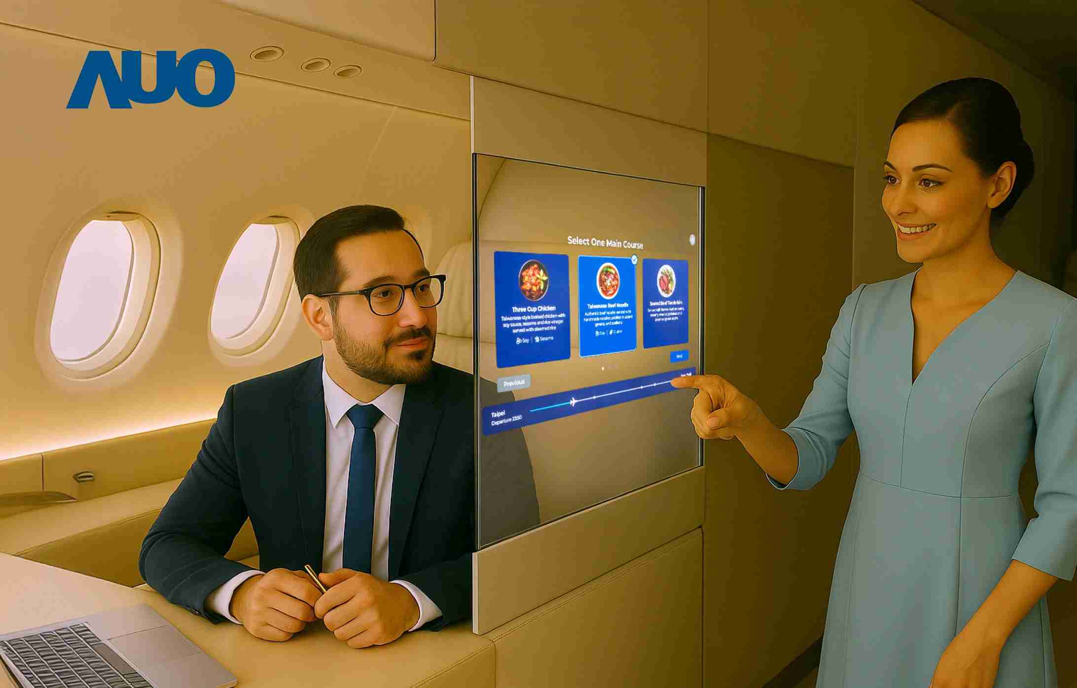 PG国际研发全球最薄17.3 吋双面透明 Micro LED 显示器，，可在同一屏幕之双边投射不同信息，，创造独特的”透明化”互动；图为实时翻译交流应用情境